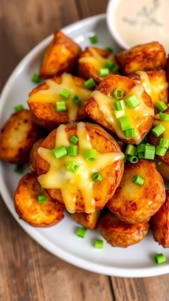 Crispy air fryer potatoes topped with melted cheese and green onions on a wooden table.